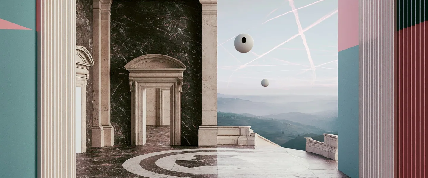 Portale classico su un paesaggio surreale