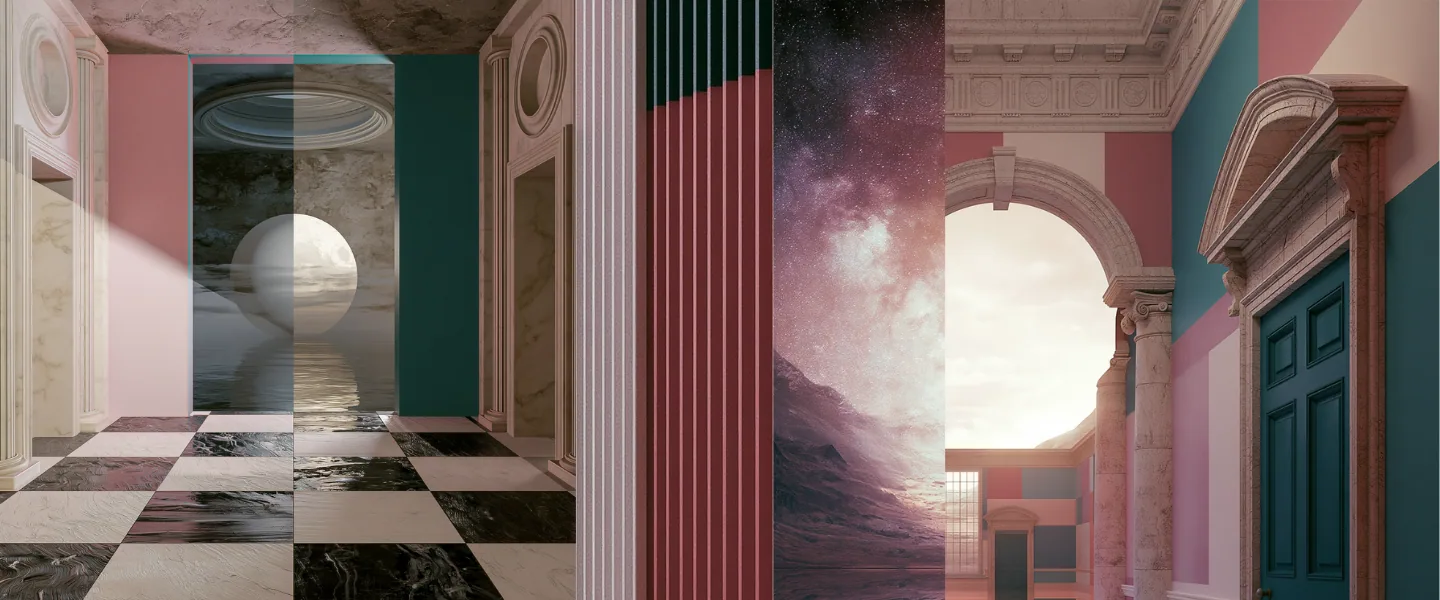 Collage di interni classici, sfere e cieli stellati