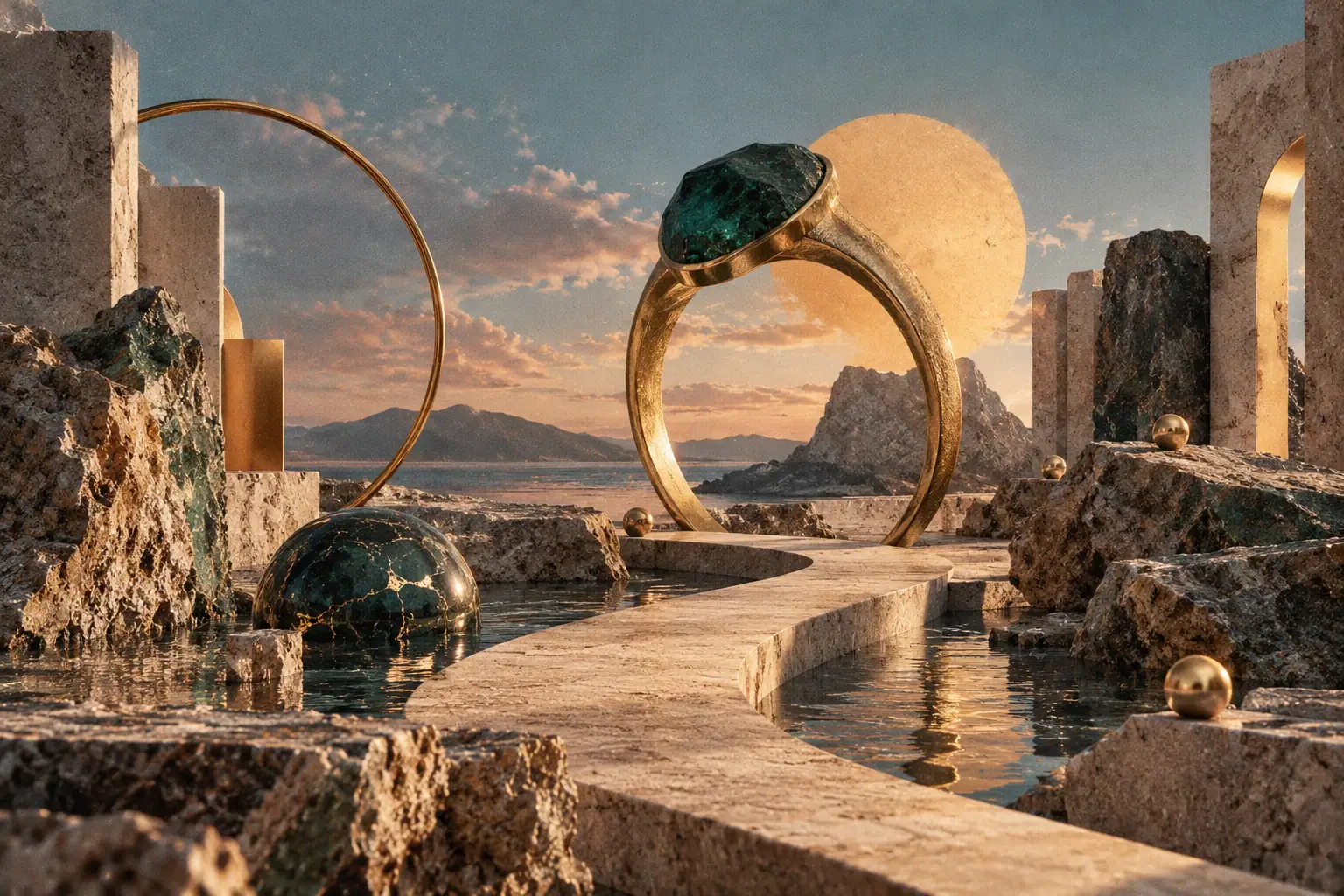 Composizione surreale di Lorena Bijoux — un anello d’oro con una pietra verde si alza come un arco su un sentiero di travertino fra rocce e acqua, davanti a un sole dorato