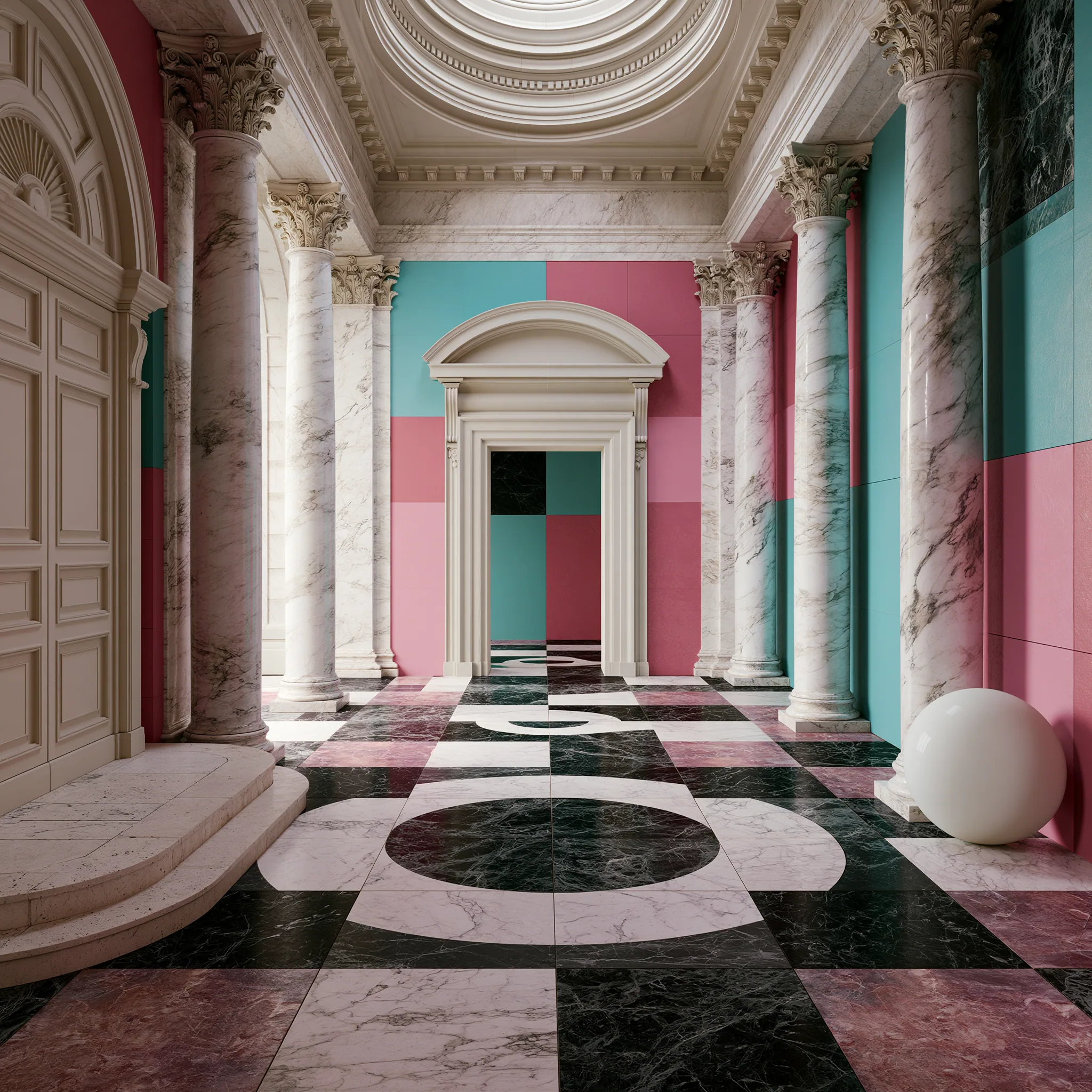 Sala neoclassica a marmi rosa e verde
