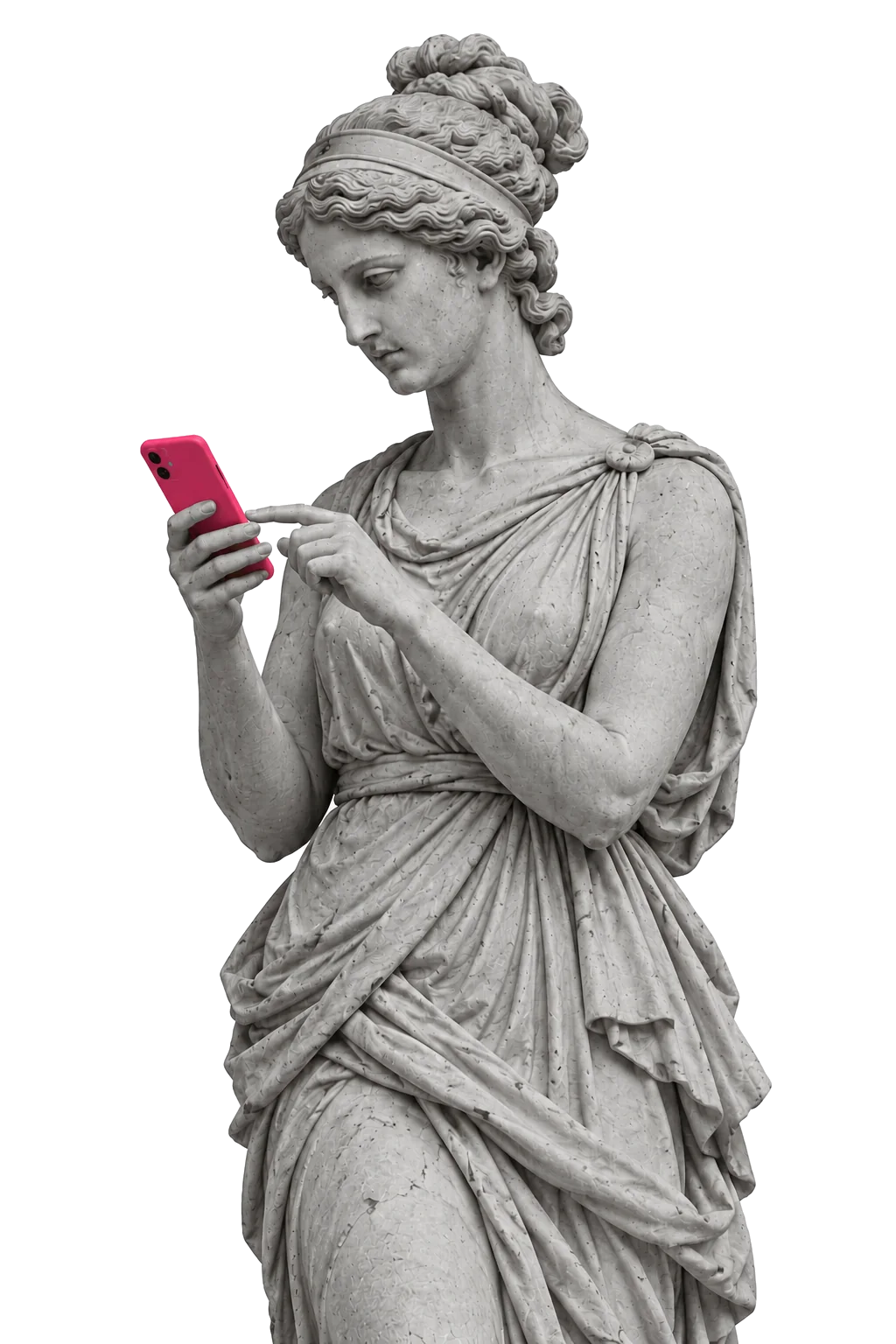 Statua classica che guarda un telefono rosa